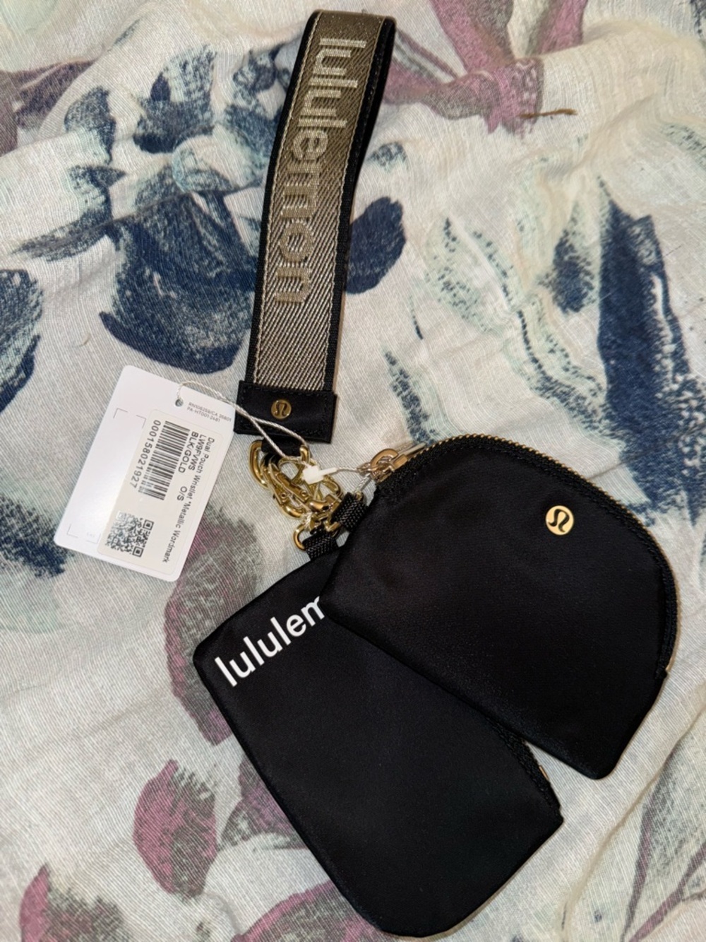 lululemon Dual Pouch Wristlet Metallic Wordmark Black and Gold